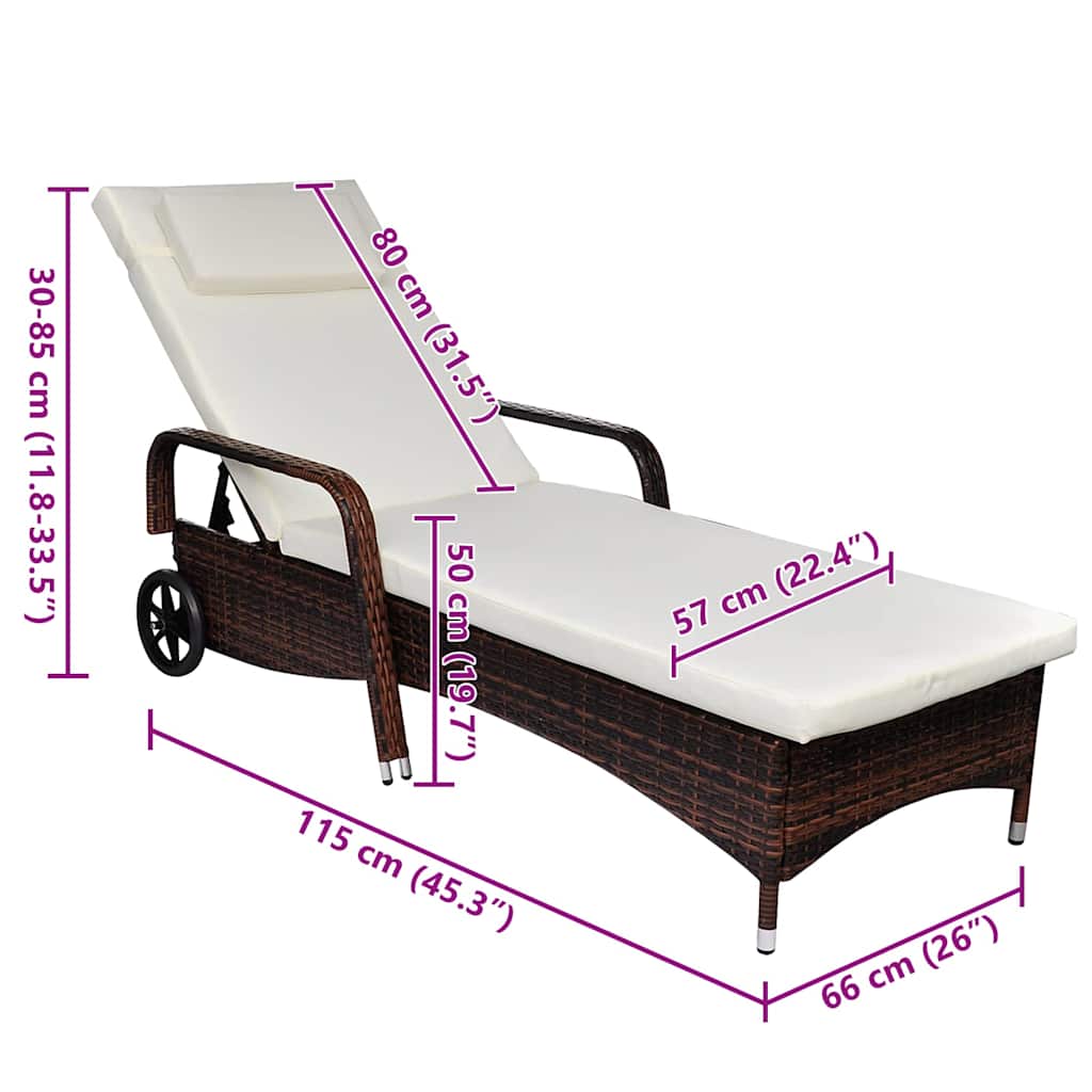 Lettino Prendisole con Cuscino e Ruote in Polyrattan Marrone | homemem39
