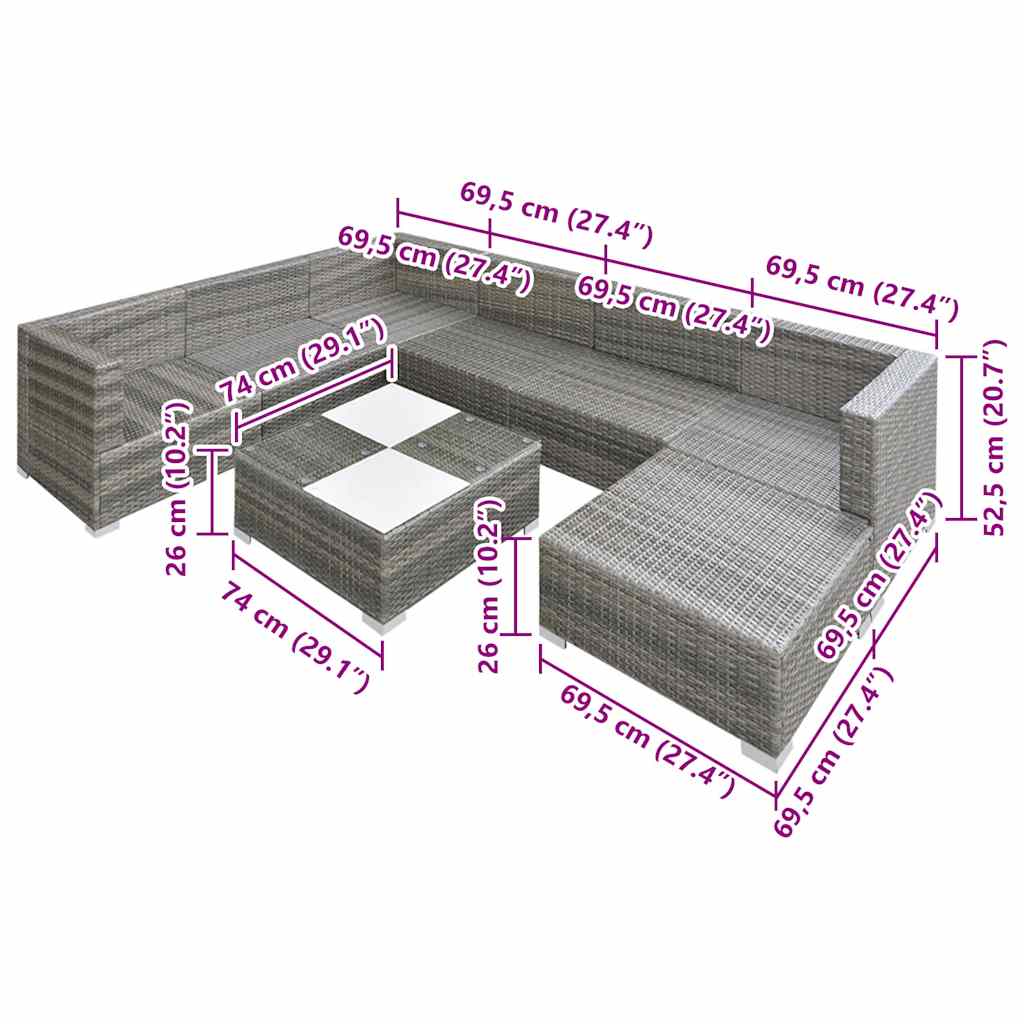 Set Divani da Giardino 8 pz con Cuscini in Polyrattan Grigio | homemem39