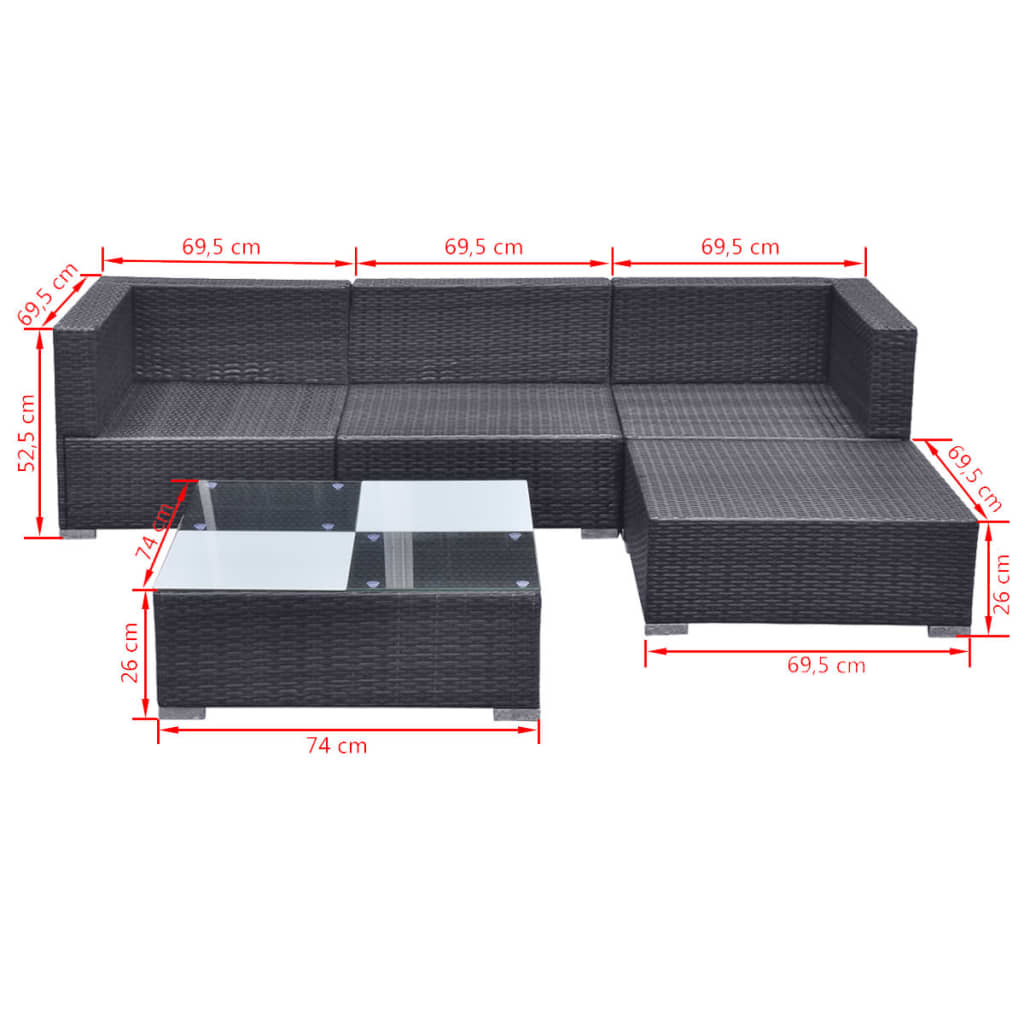 Set Divani da Giardino 5 pz con Cuscini in Polyrattan Nero | homemem39