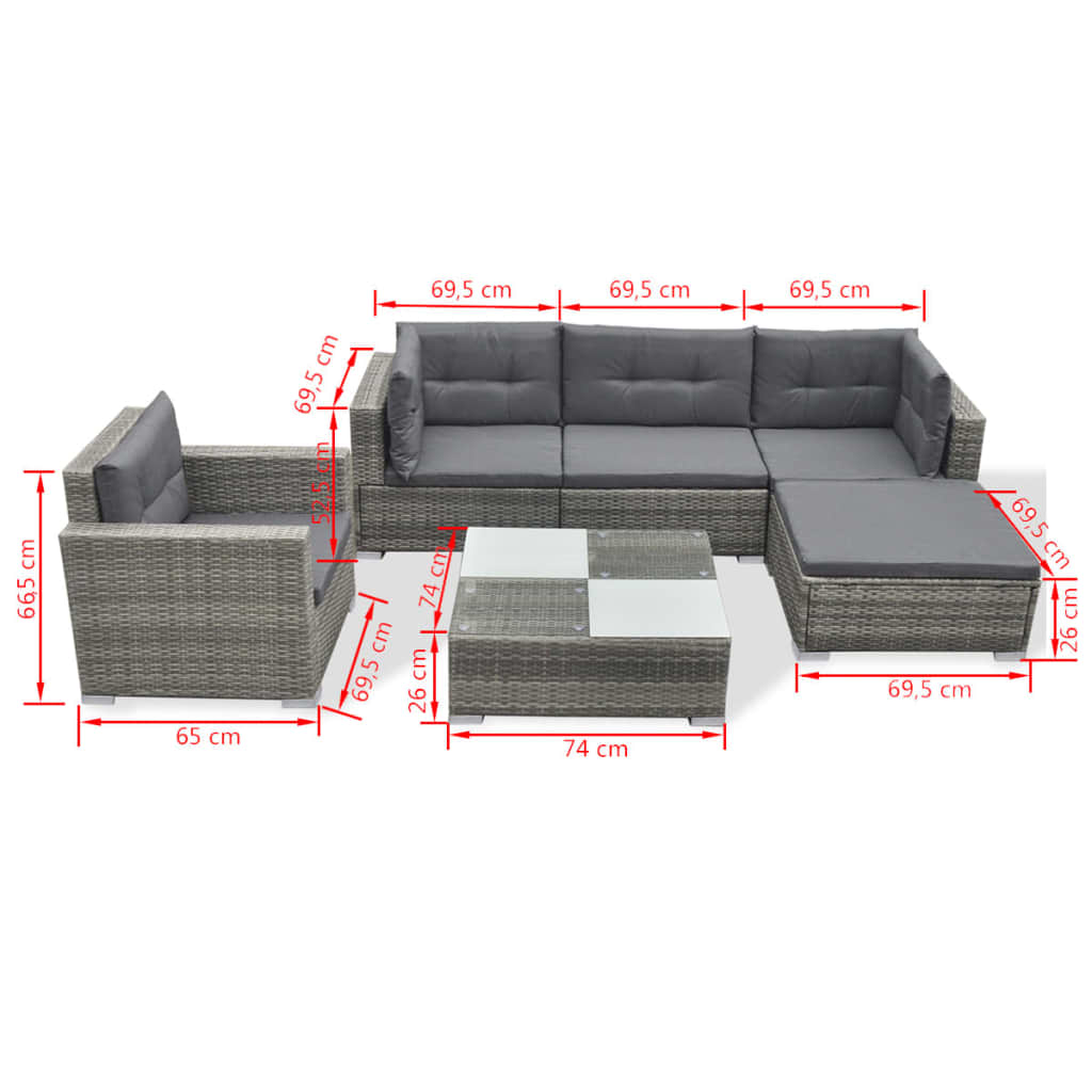Set Divani da Giardino 6 pz con Cuscini in Polyrattan Grigio - homemem39