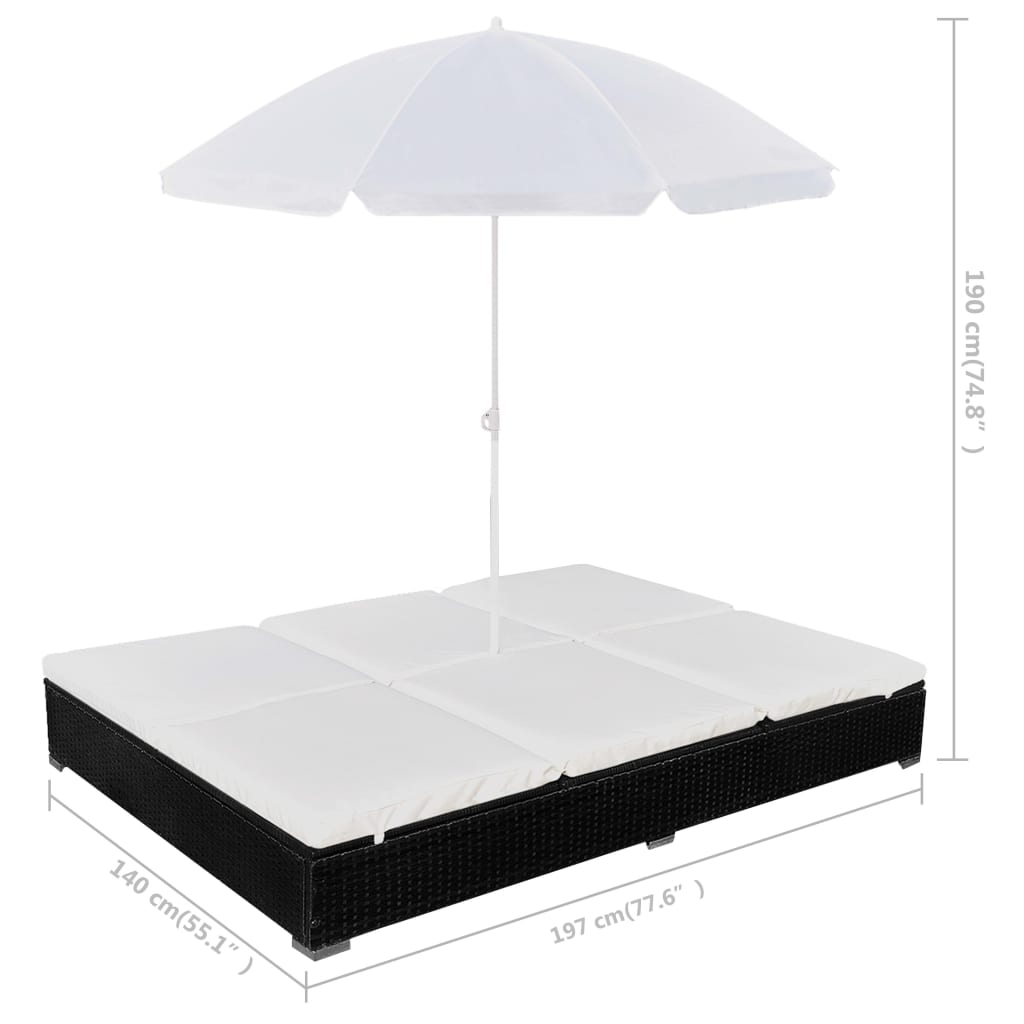 Lettino Prendisole con Ombrellone in Polyrattan Nero - homemem39