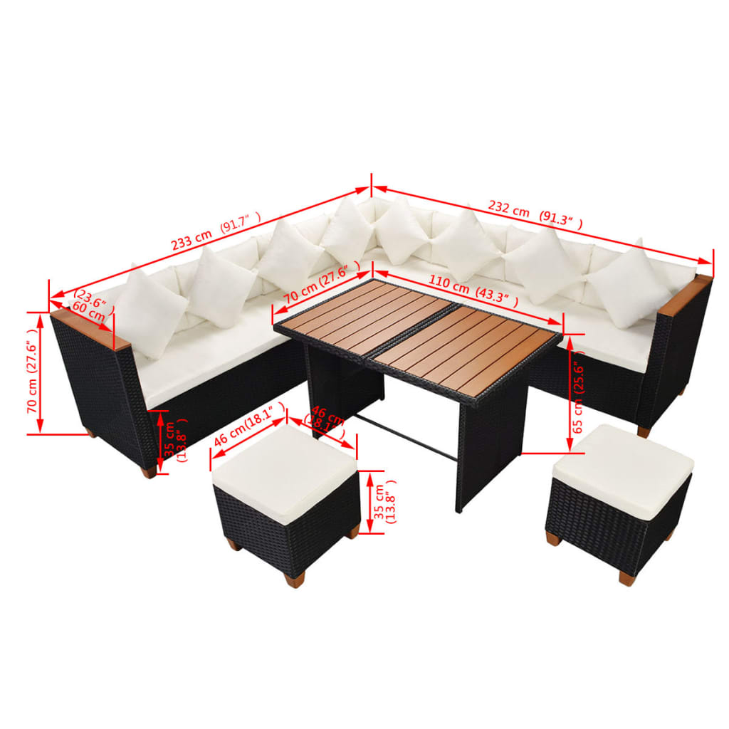Set Divani da Giardino 7 pz con Cuscini in Polyrattan Nero | homemem39