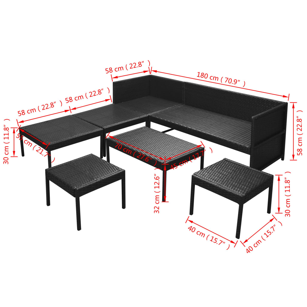 Set Divani da Giardino 6 pz con Cuscini in Polyrattan Nero | homemem39