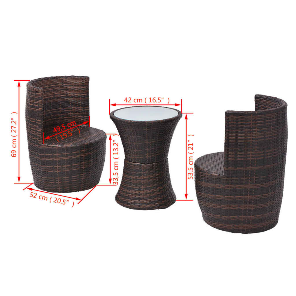Set da Bistrot 3 pz con Cuscini in Polyrattan Marrone