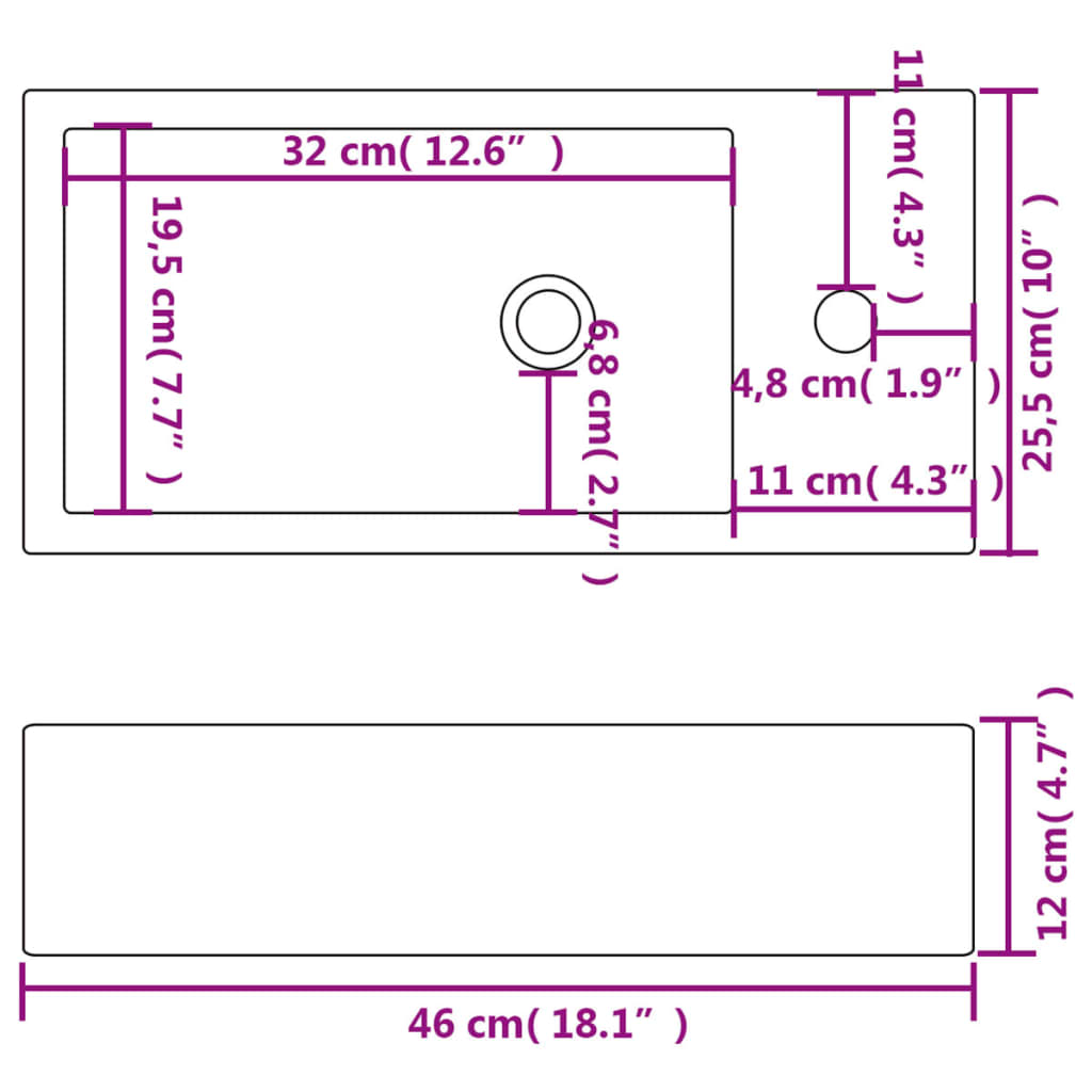 Lavandino con Foro Rubinetto Rettangolare Ceramica 46x25,5x12cm - homemem39