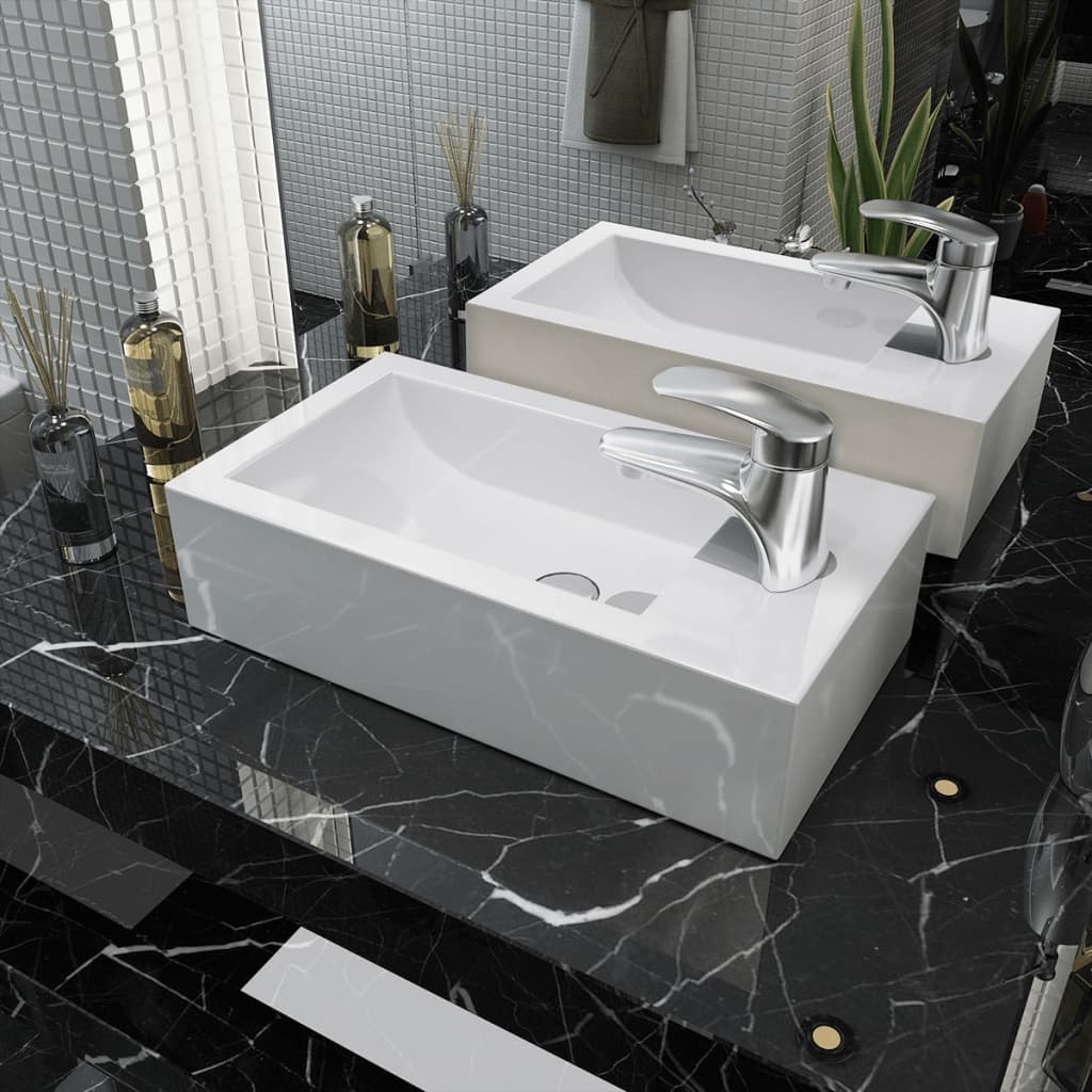 Lavandino con Foro Rubinetto Rettangolare Ceramica 46x25,5x12cm - homemem39