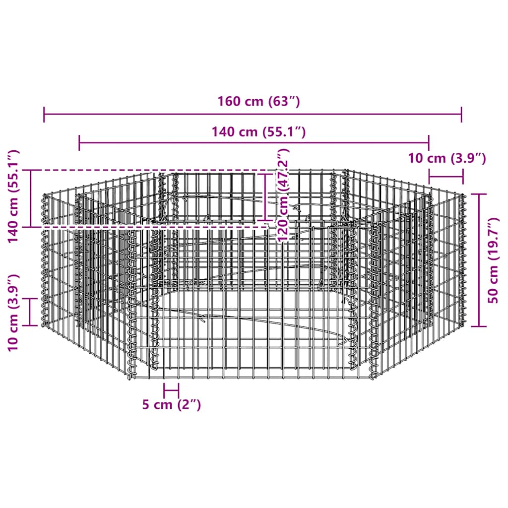 Gabbione Letto Rialzato da Giardino Esagonale 160x140x50 cm | homemem39