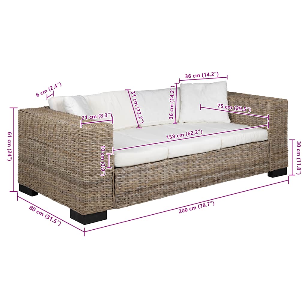 Divano a 3 Posti 8 pz in Rattan Naturale - homemem39