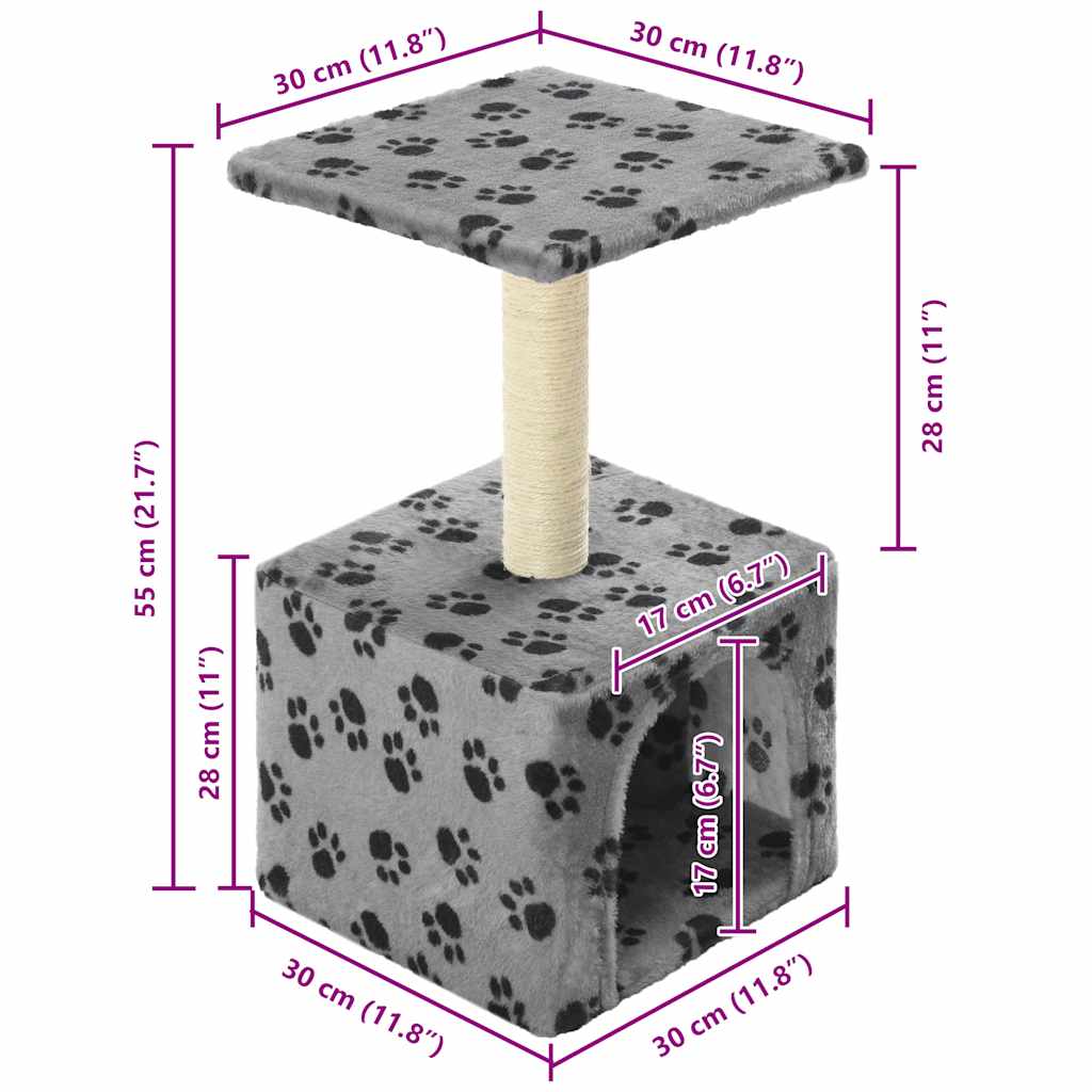 Albero per Gatti e Tiragraffi Sisal 55 cm Zampe Stampate Grigio | homemem39