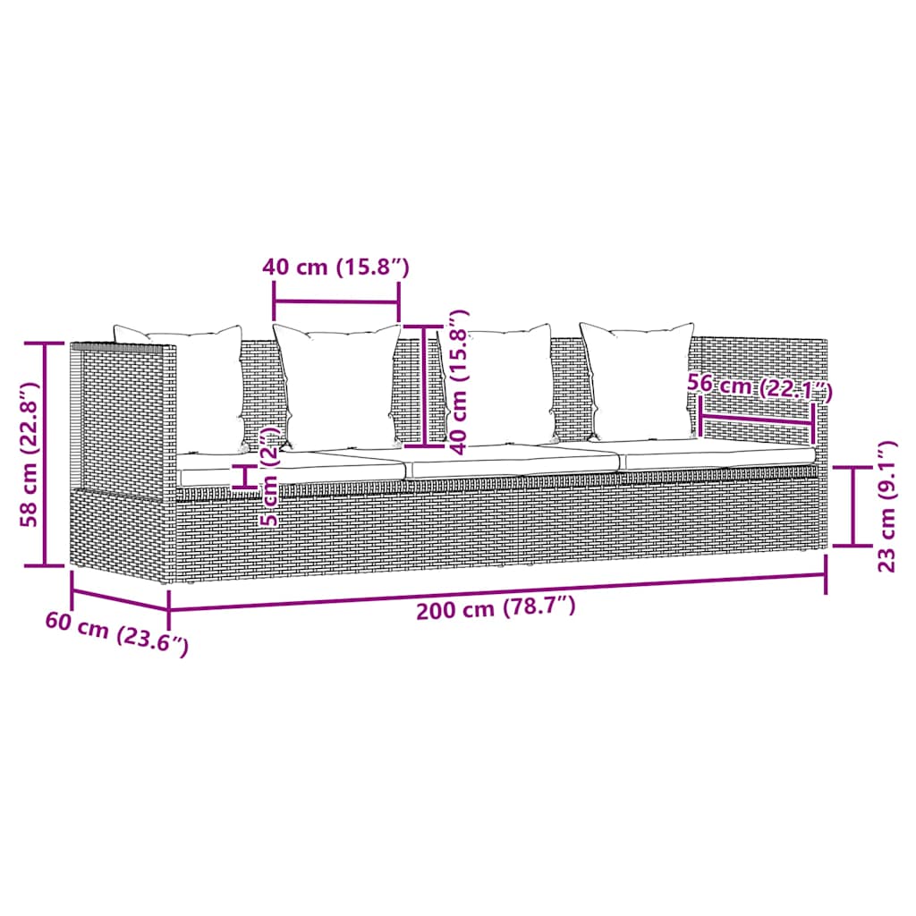 Lettino da Giardino Grigio 200x60 cm in Polyrattan