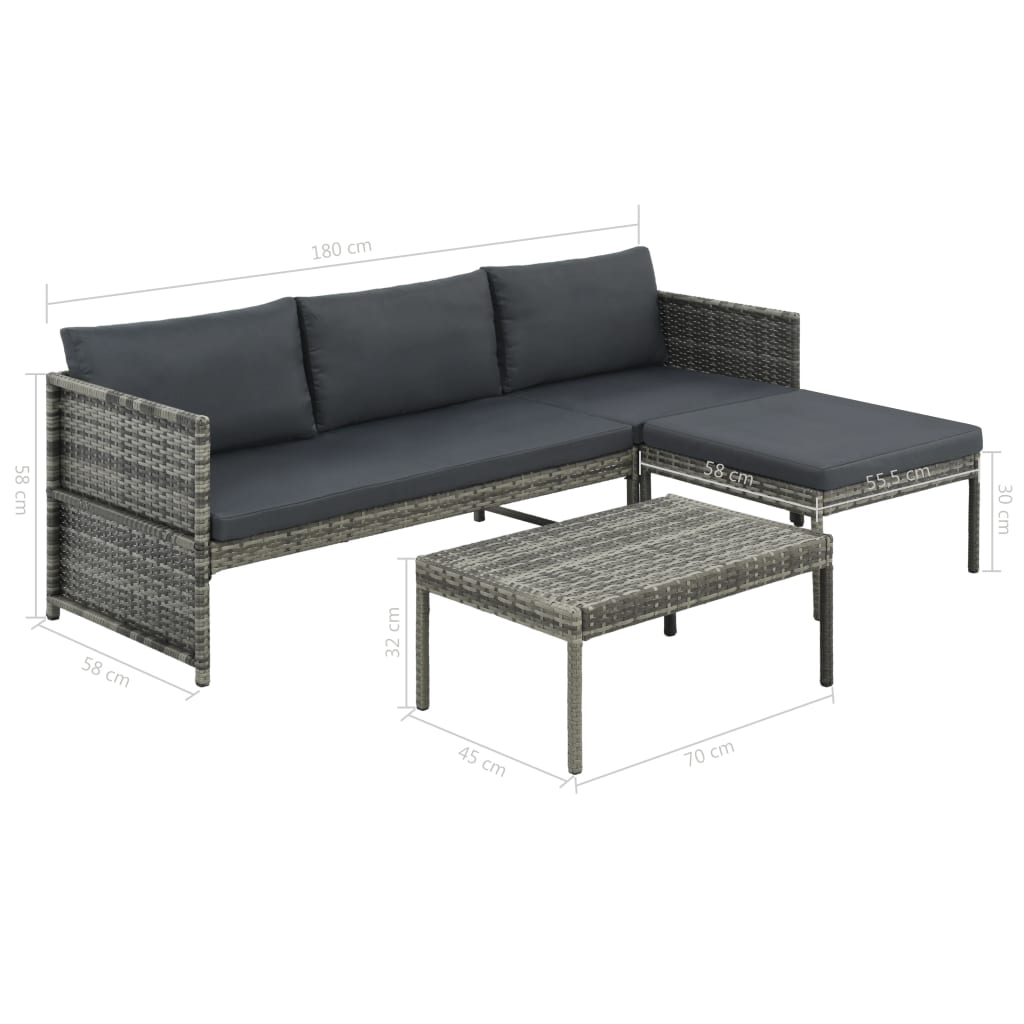 Set Divani da Giardino 3 pz con Cuscini in Polyrattan Grigio | homemem39