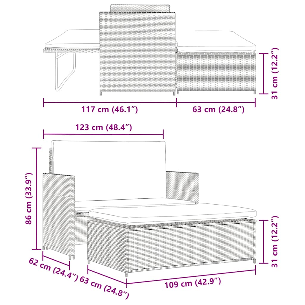 Set Divani da Giardino 2 pz con Cuscini in Polyrattan Grigio