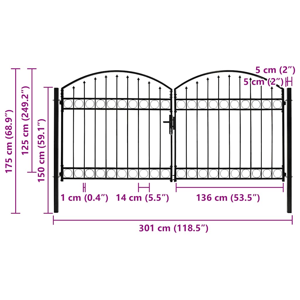Cancello per recinzione ASSEN a doppia anta con parte superiore ad arco in acciaio 300x125 cm