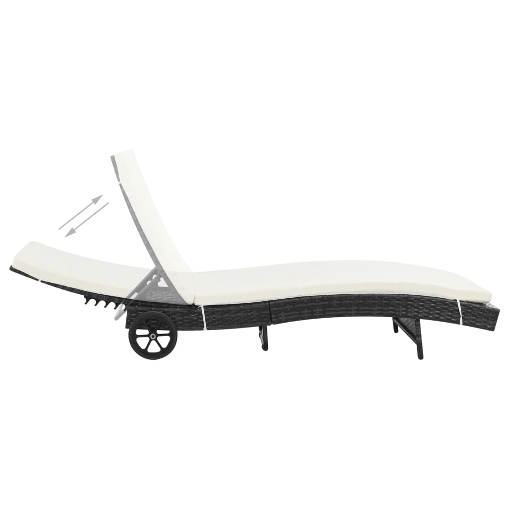 Lettino Prendisole con Ruote e Cuscino in Polyrattan Nero - homemem39