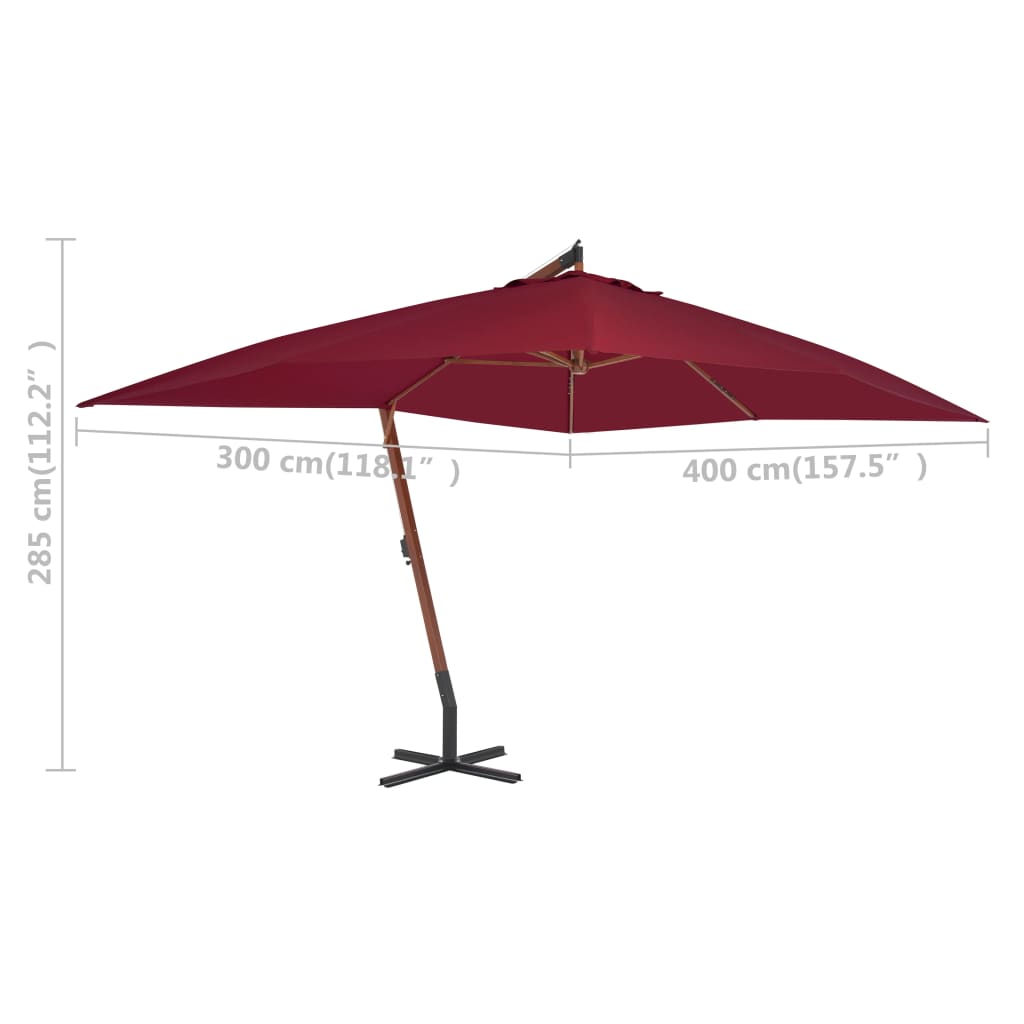 Ombrellone a Sbalzo con Palo in Legno 400x300 cm Rosso Bordeaux - homemem39