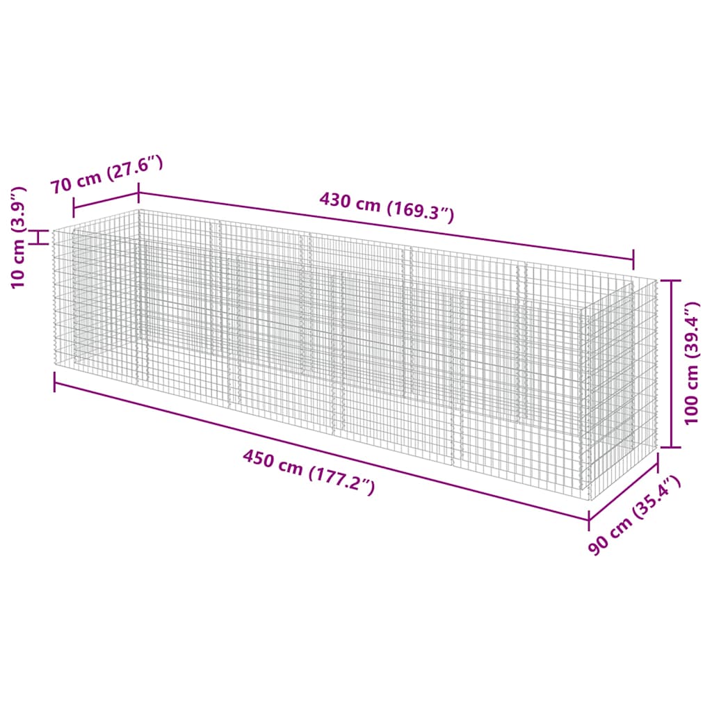 Gabbione Letto Rialzato in Acciaio Zincato 450x90x100 cm - homemem39