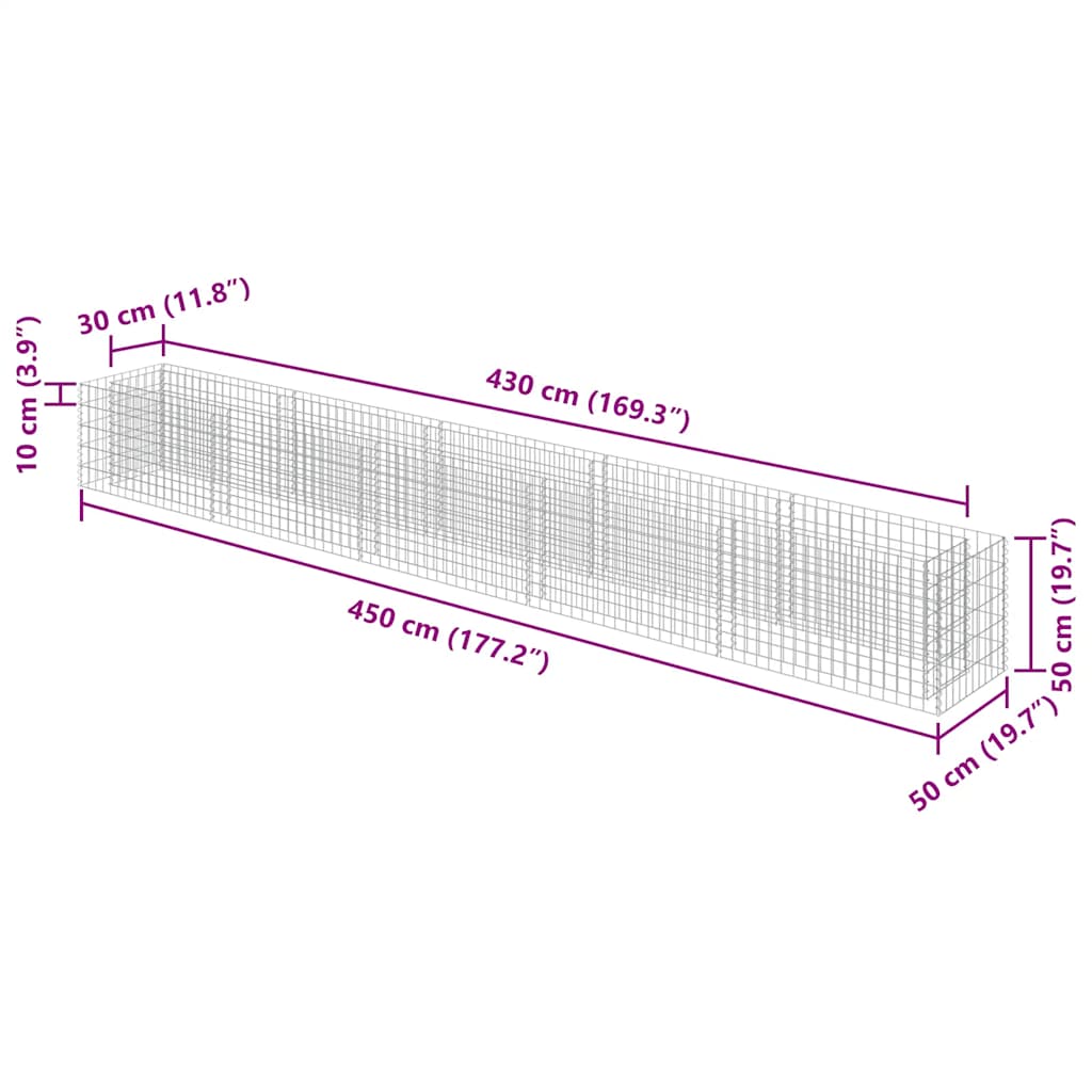Gabbione Letto Rialzato in Acciaio Zincato 450x50x50 cm - homemem39