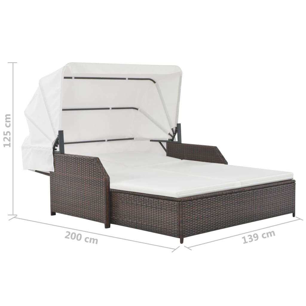 Lettino Prendisole 2 Posti con Tettuccio in Polyrattan Marrone