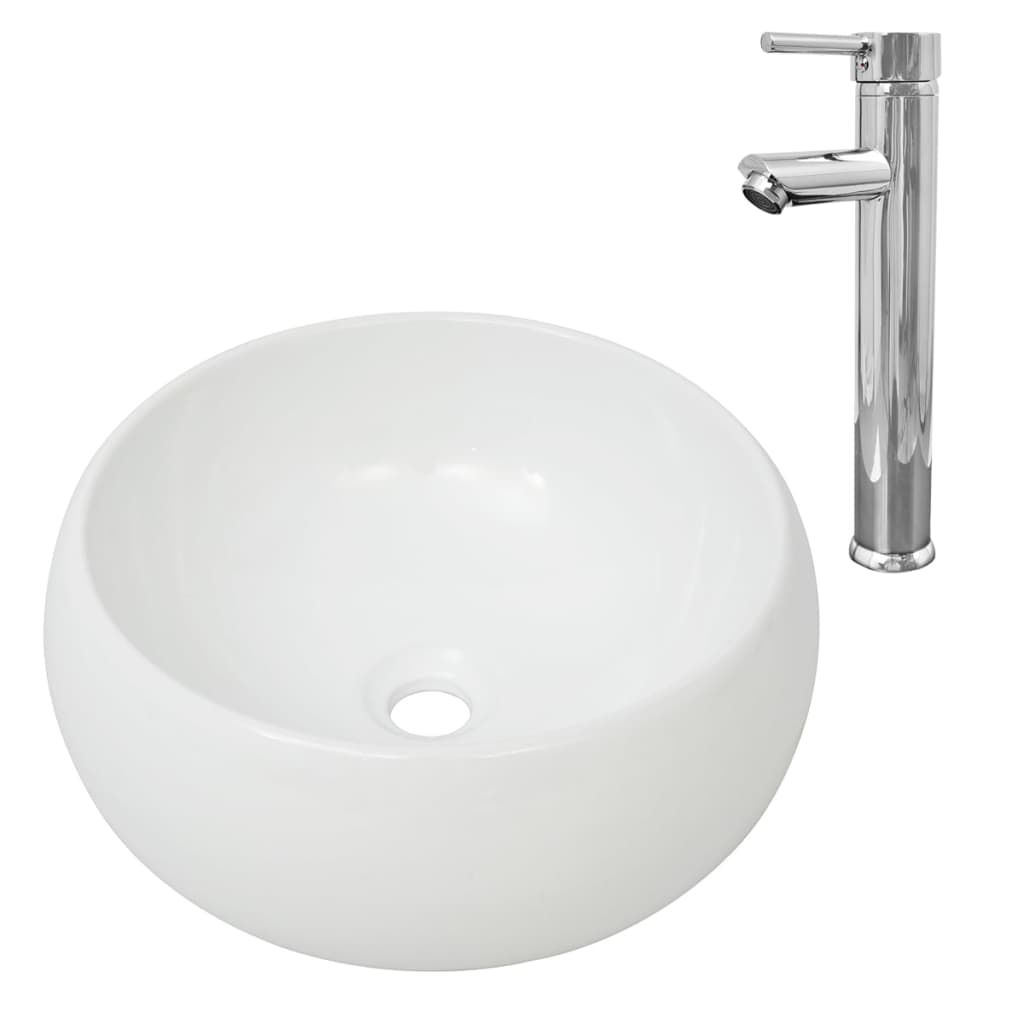 Lavello Bagno con Miscelatore in Ceramica Rotondo Bianco - homemem39