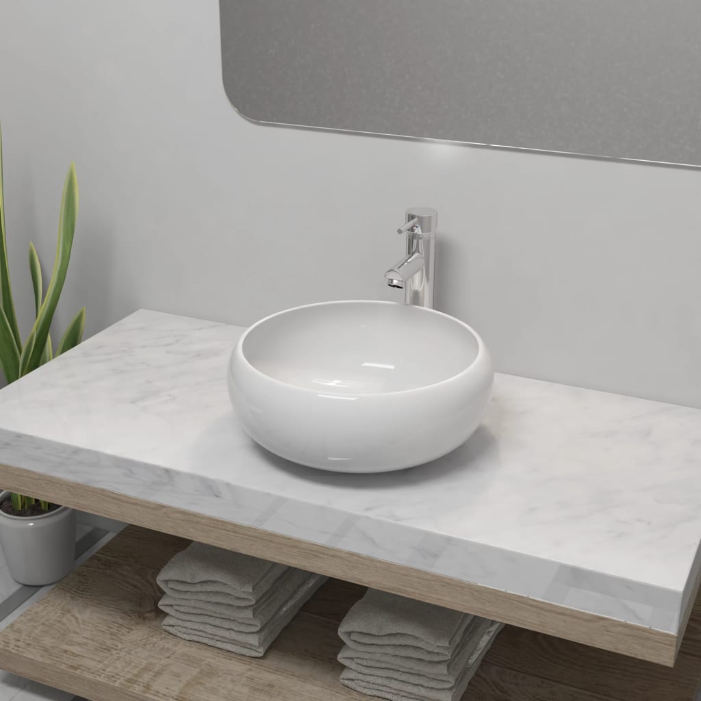 Lavello Bagno con Miscelatore in Ceramica Rotondo Bianco - homemem39