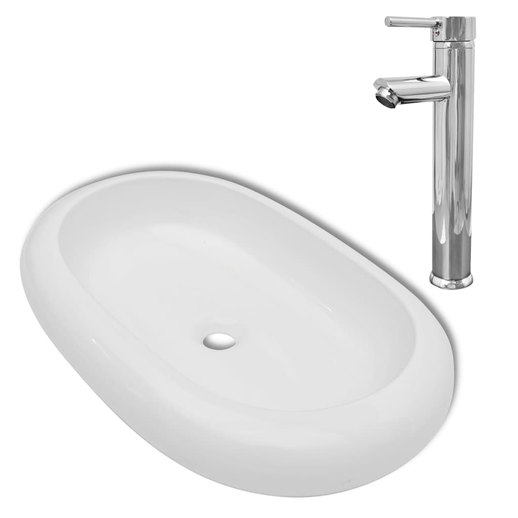 Lavello Bagno con Miscelatore in Ceramica Ovale Bianco - homemem39