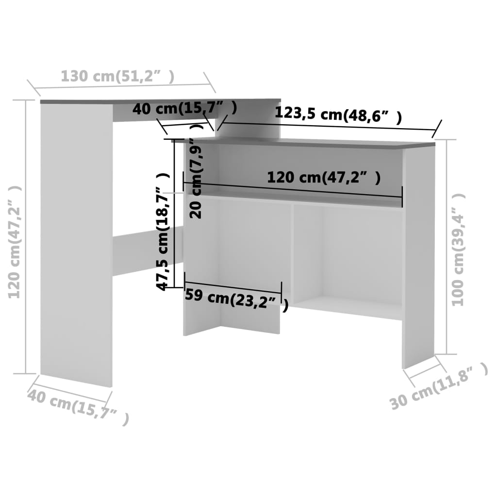 Tavolo Bar con 2 Piani d'Appoggio Bianco e Grigio 130x40x120cm | homemem39