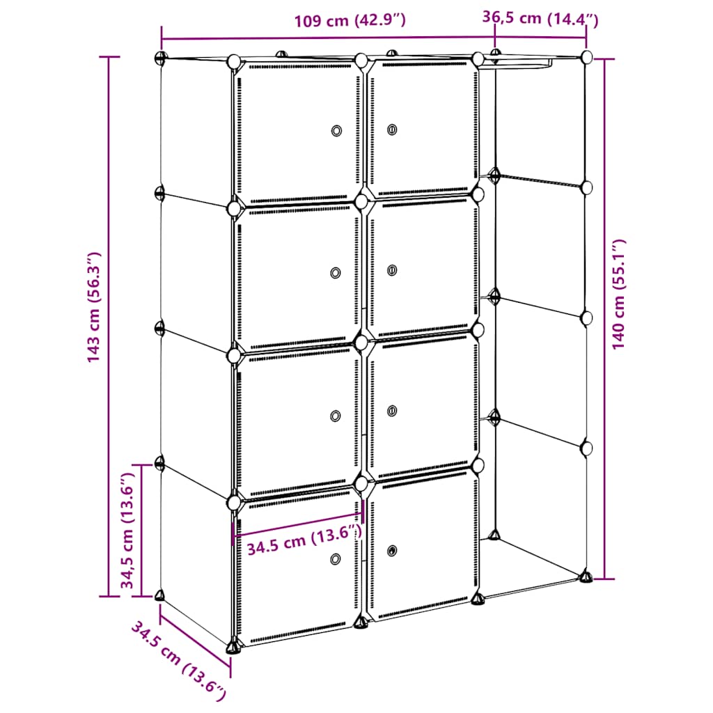 Armadio Modulare con 9 Scomparti 109x36,5x143 cm Nero e Bianco - homemem39