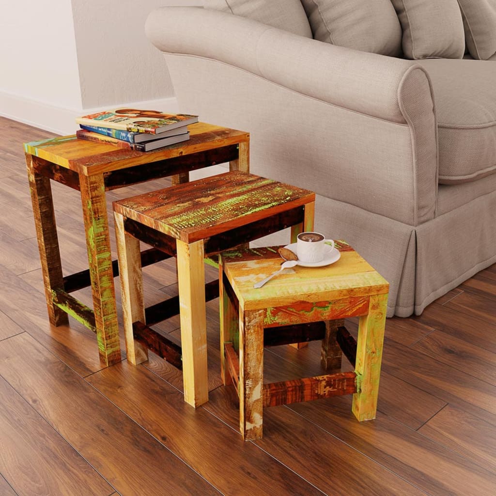 Tavolini Impilabili Set 3 pz in Legno Vintage di Recupero - homemem39