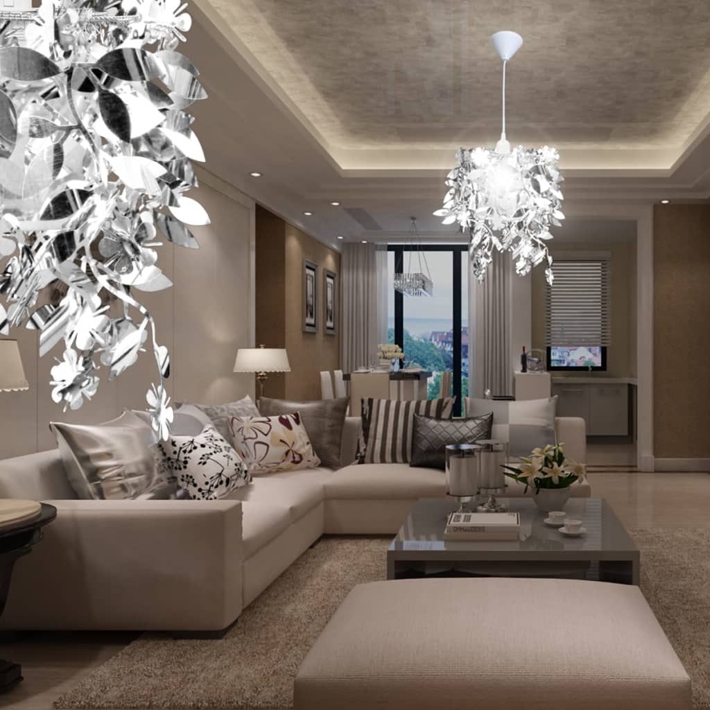 Lampadario da Soffitto Foglie e Paillette 21,5 x 30 cm Argento - homemem39
