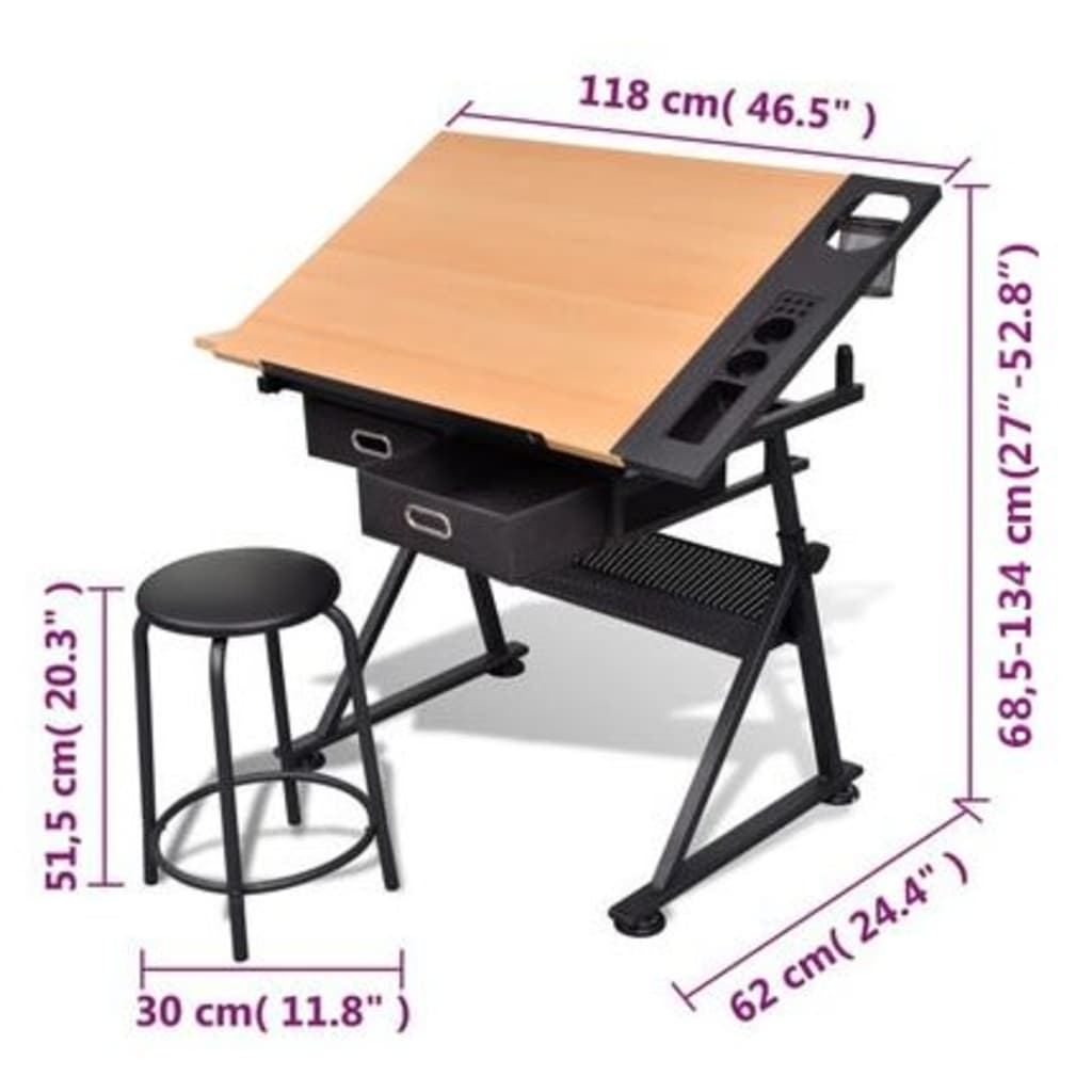 Tavolo Inclinabile da Disegno a Due cassetti con Sgabello - homemem39