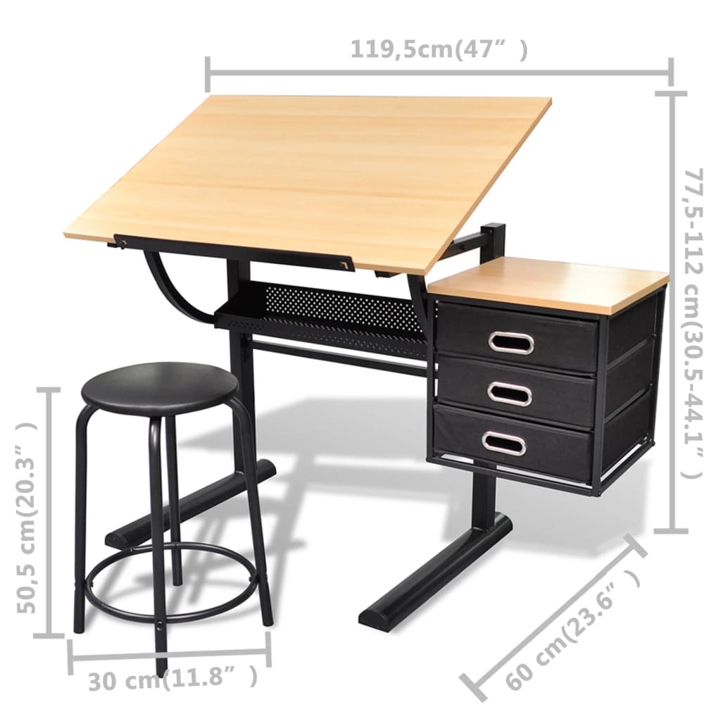 Tavolo da Disegno Inclinabile con 3 Cassetti e Sgabello | homemem39