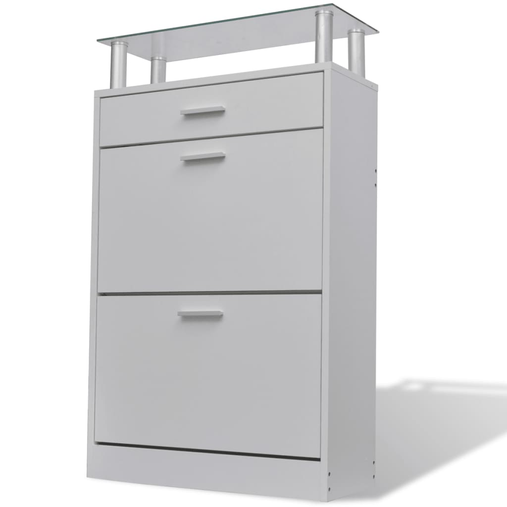 Scarpiera con Cassetto e Mensola Vetro Sopra in Legno Bianco - homemem39
