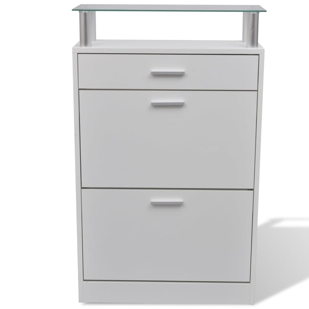 Scarpiera con Cassetto e Mensola Vetro Sopra in Legno Bianco - homemem39