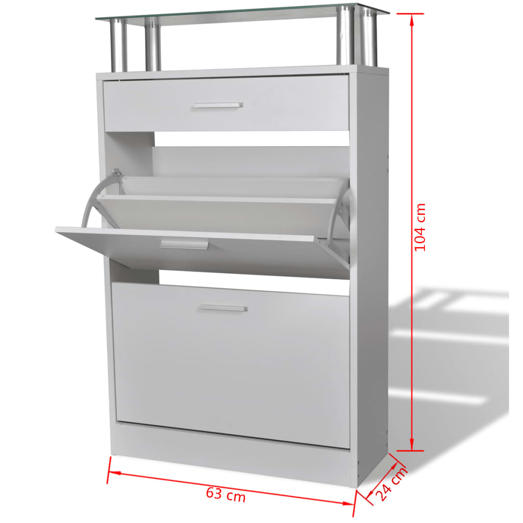 Scarpiera con Cassetto e Mensola Vetro Sopra in Legno Bianco - homemem39