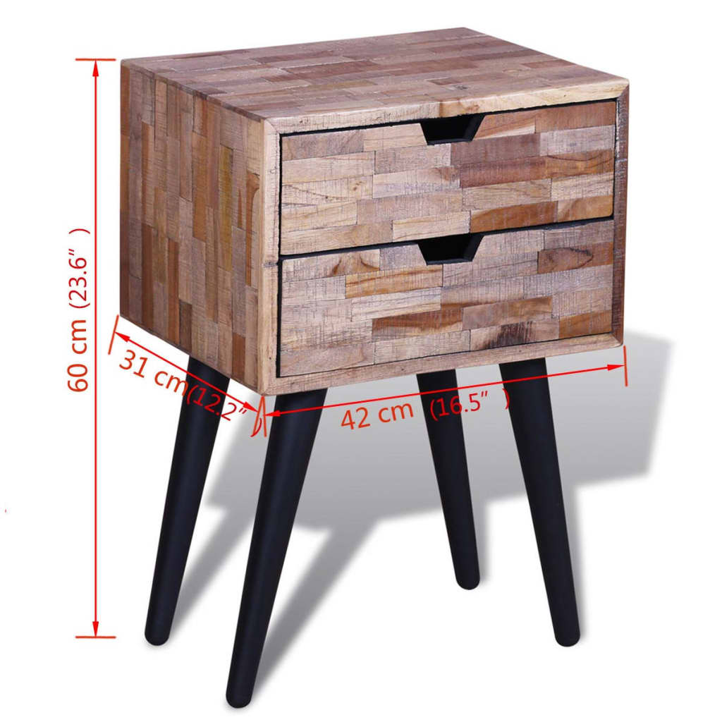 Comodino con 2 Cassetti in Legno di Recupero di Teak