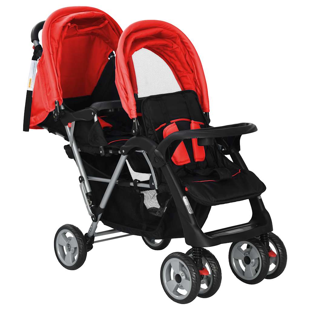 Passeggino Gemellare a Tandem in Acciaio Rosso e Nero - homemem39