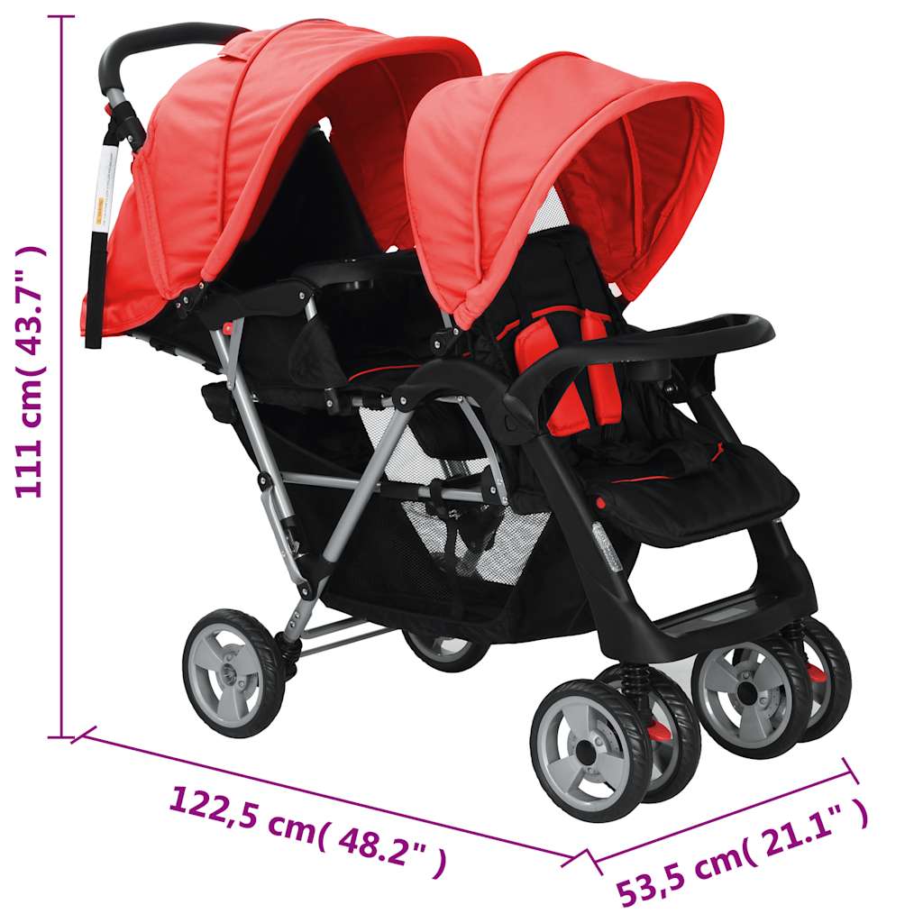 Passeggino Gemellare a Tandem in Acciaio Rosso e Nero - homemem39