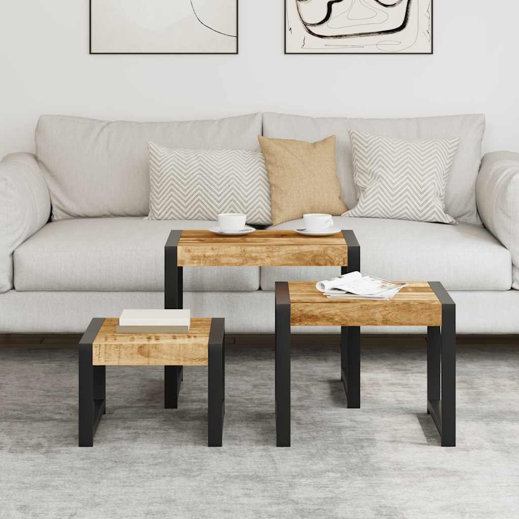 Tavolini Impilabili 3 pz in Legno Massello di Mango - homemem39