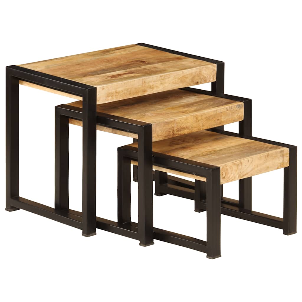 Tavolini Impilabili 3 pz in Legno Massello di Mango - homemem39