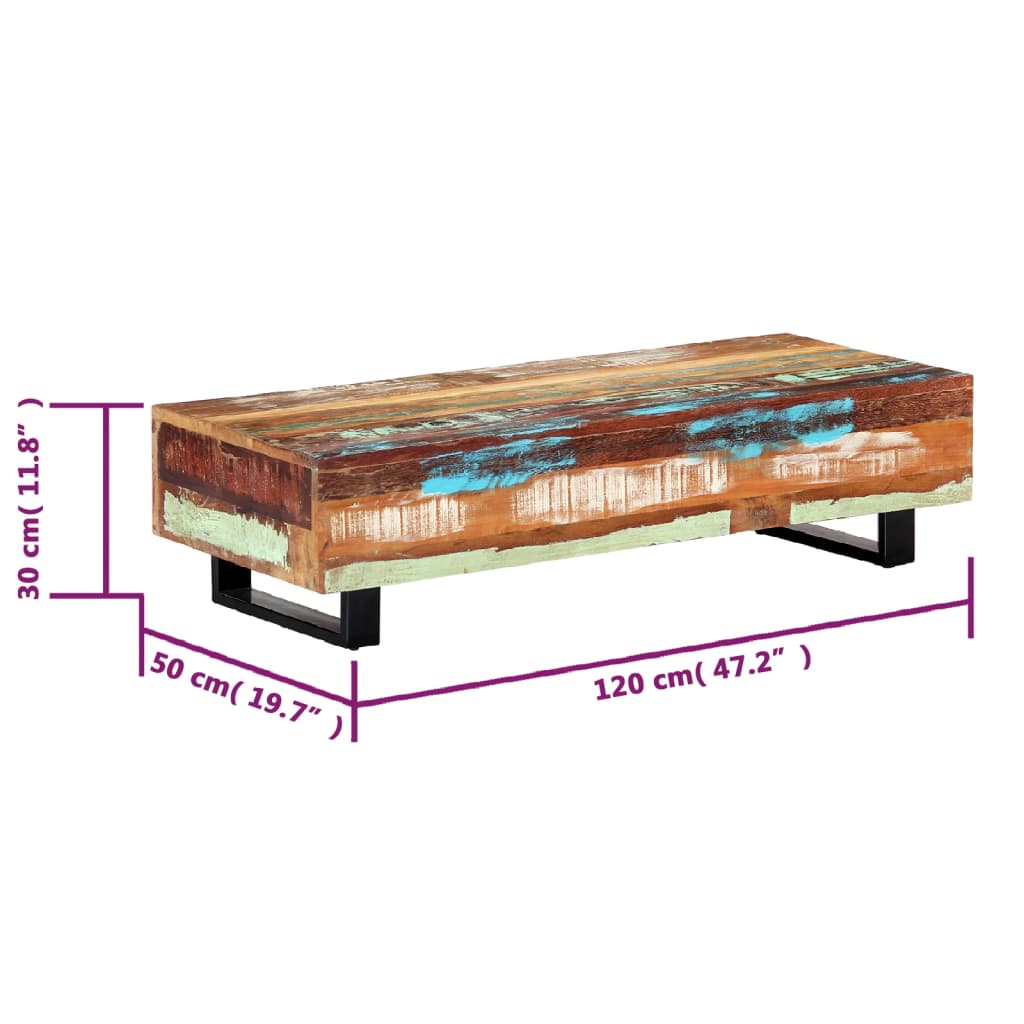 Tavolino da Caffè 120x50x30cm Legno Massello Recuperato Acciaio - homemem39