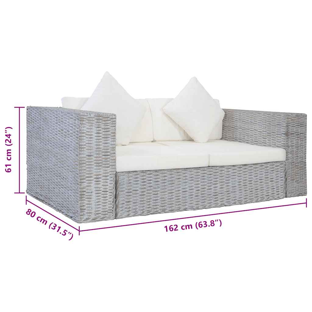 Divano a 2 Posti con Cuscini Grigio in Rattan Naturale