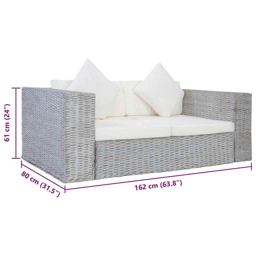 Divano a 2 Posti con Cuscini Grigio in Rattan Naturale
