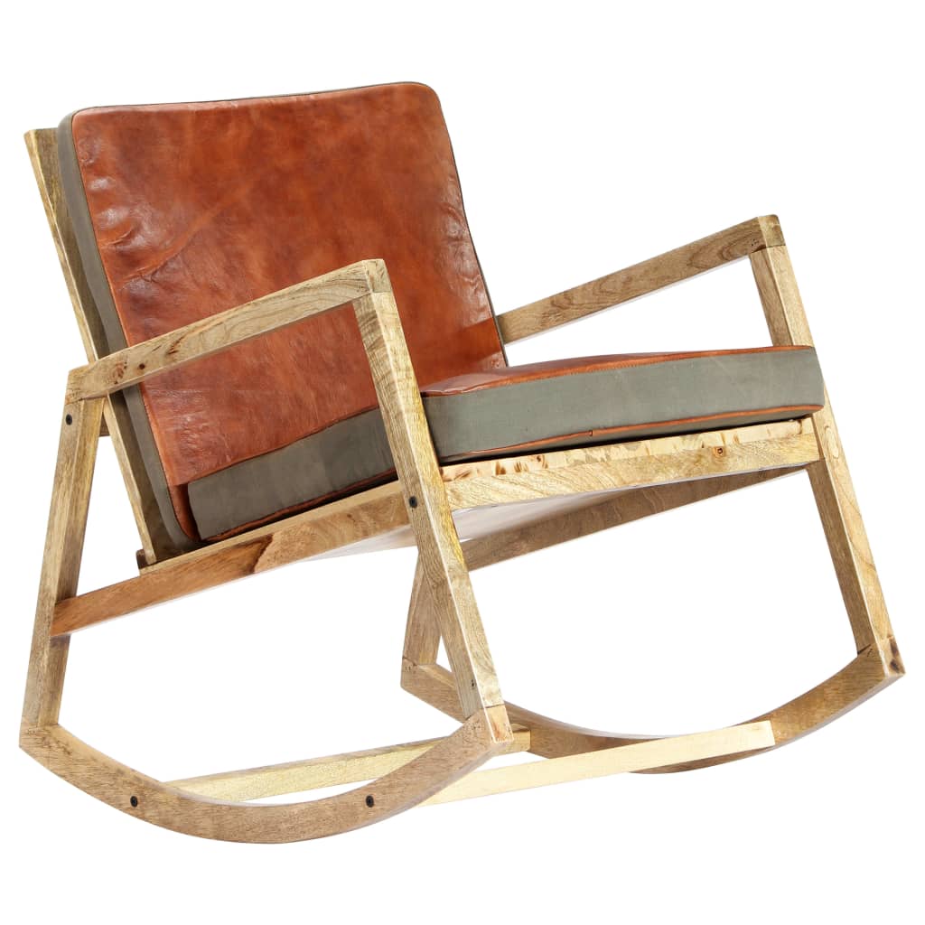 Sedia a Dondolo Marrone in Vera Pelle e Legno Massello di Mango