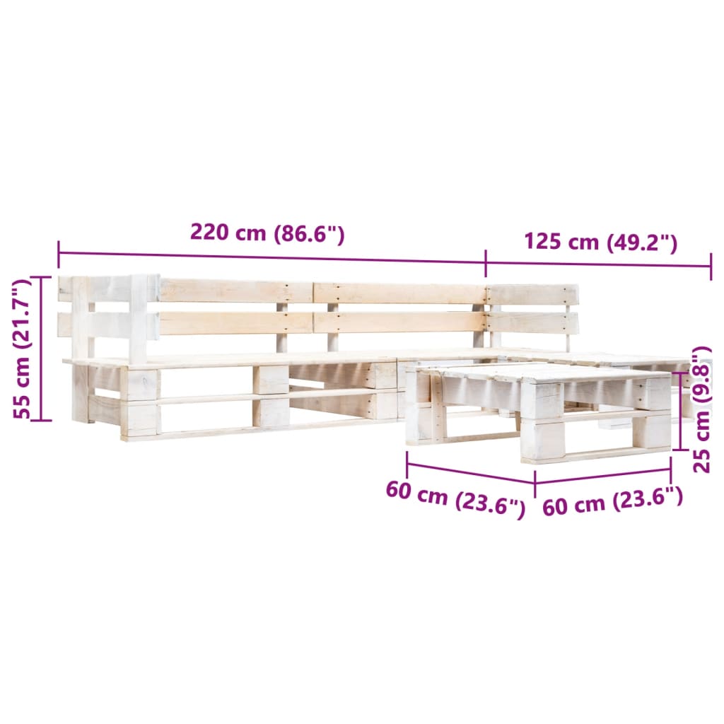 Set Divani da Giardino su Pallet 4 pz in Legno Bianco