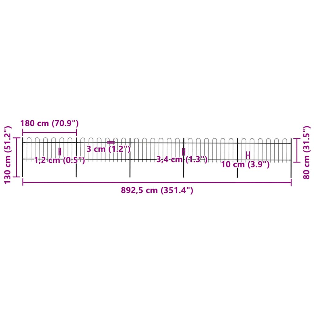 Recinzione da Giardino con Parte Superiore ad Anello in Acciaio 892,5x80 cm Nero - homemem39