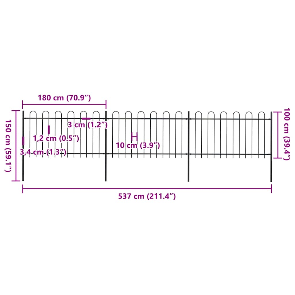 Recinzione da Giardino con Parte Superiore ad Anello in Acciaio 537x100 cm Nera - homemem39