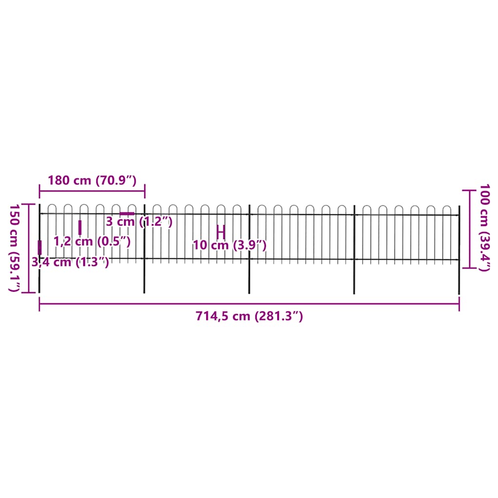 Recinzione da Giardino con Parte Superiore ad Anello in Acciaio 714,5x100 cm Nero - homemem39