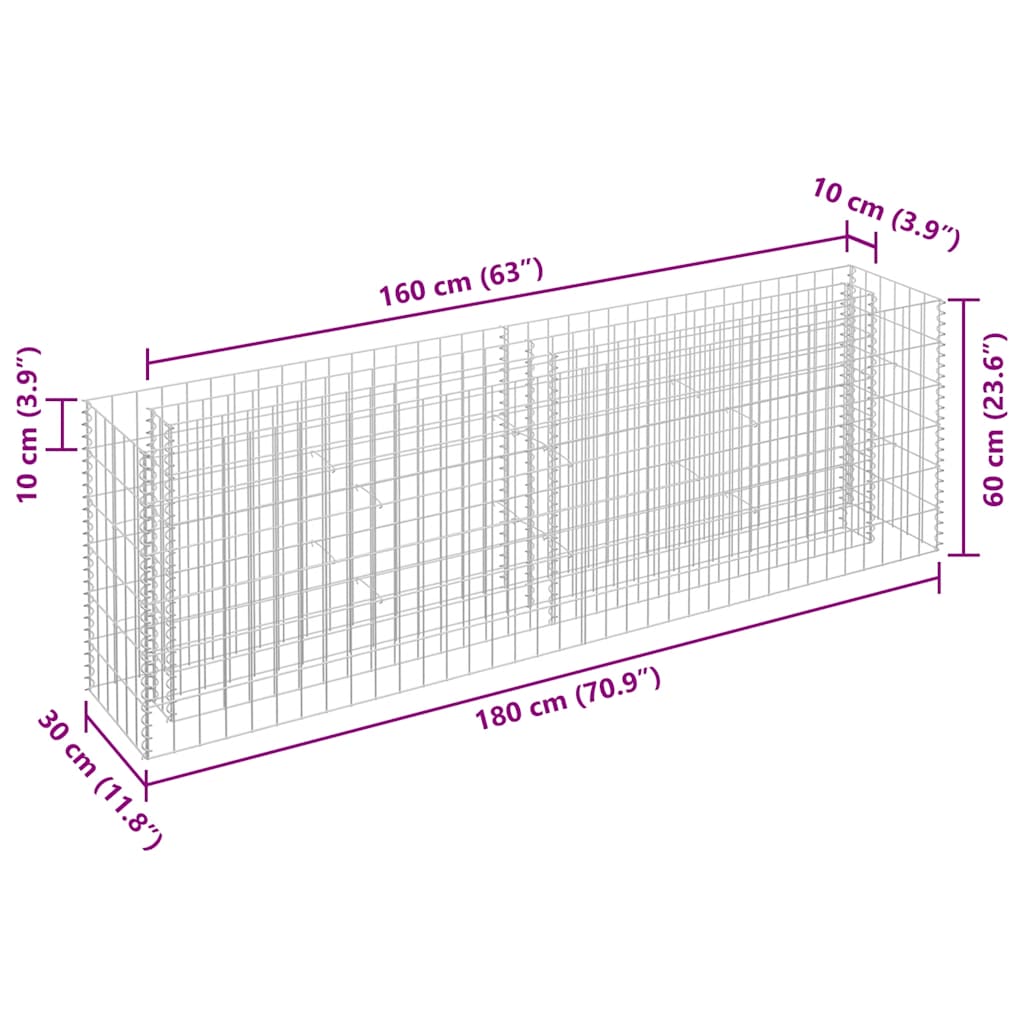 Gabbione Letto Rialzato in Acciaio Zincato 180x30x60 cm - homemem39