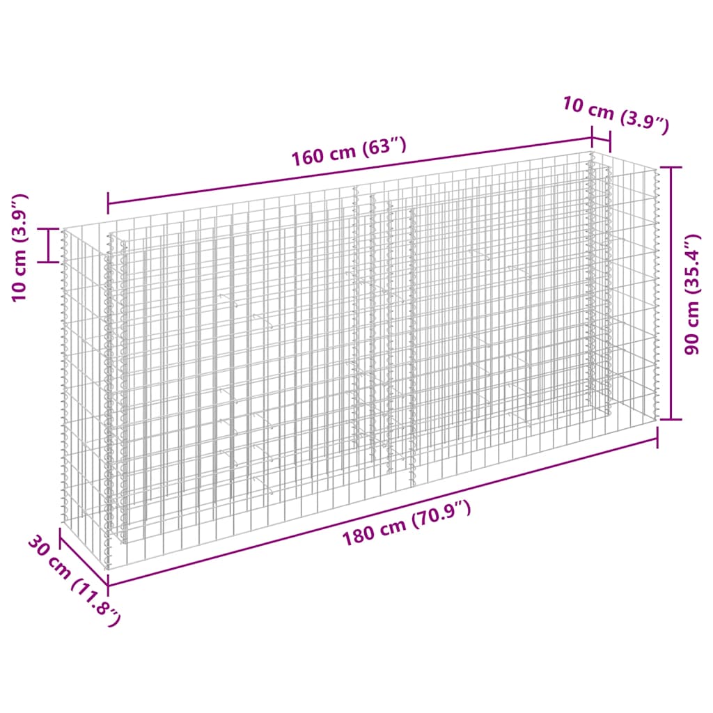 Gabbione Letto Rialzato in Acciaio Zincato 180x30x90 cm | homemem39
