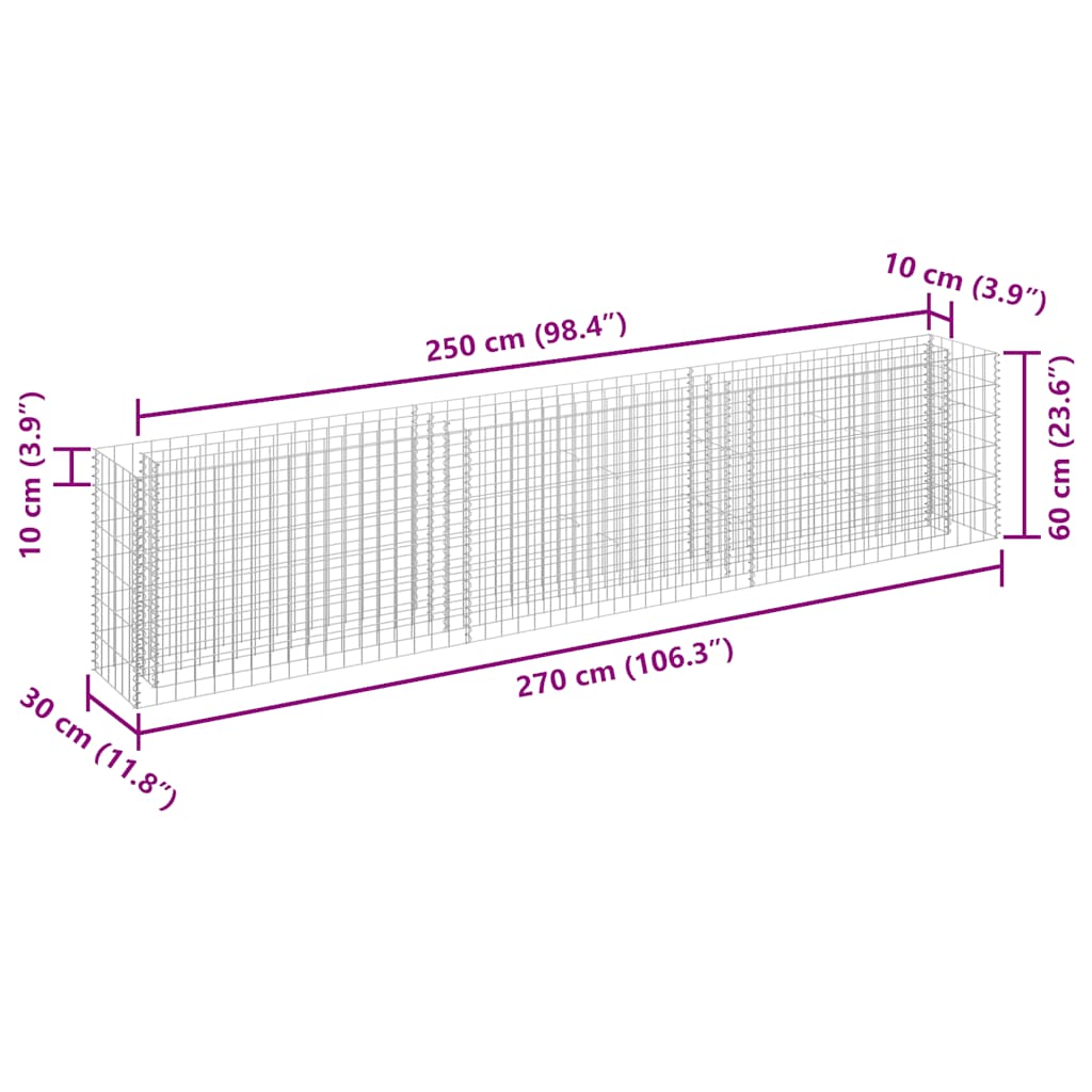 Gabbione Letto Rialzato in Acciaio Zincato 270x30x60 cm | homemem39